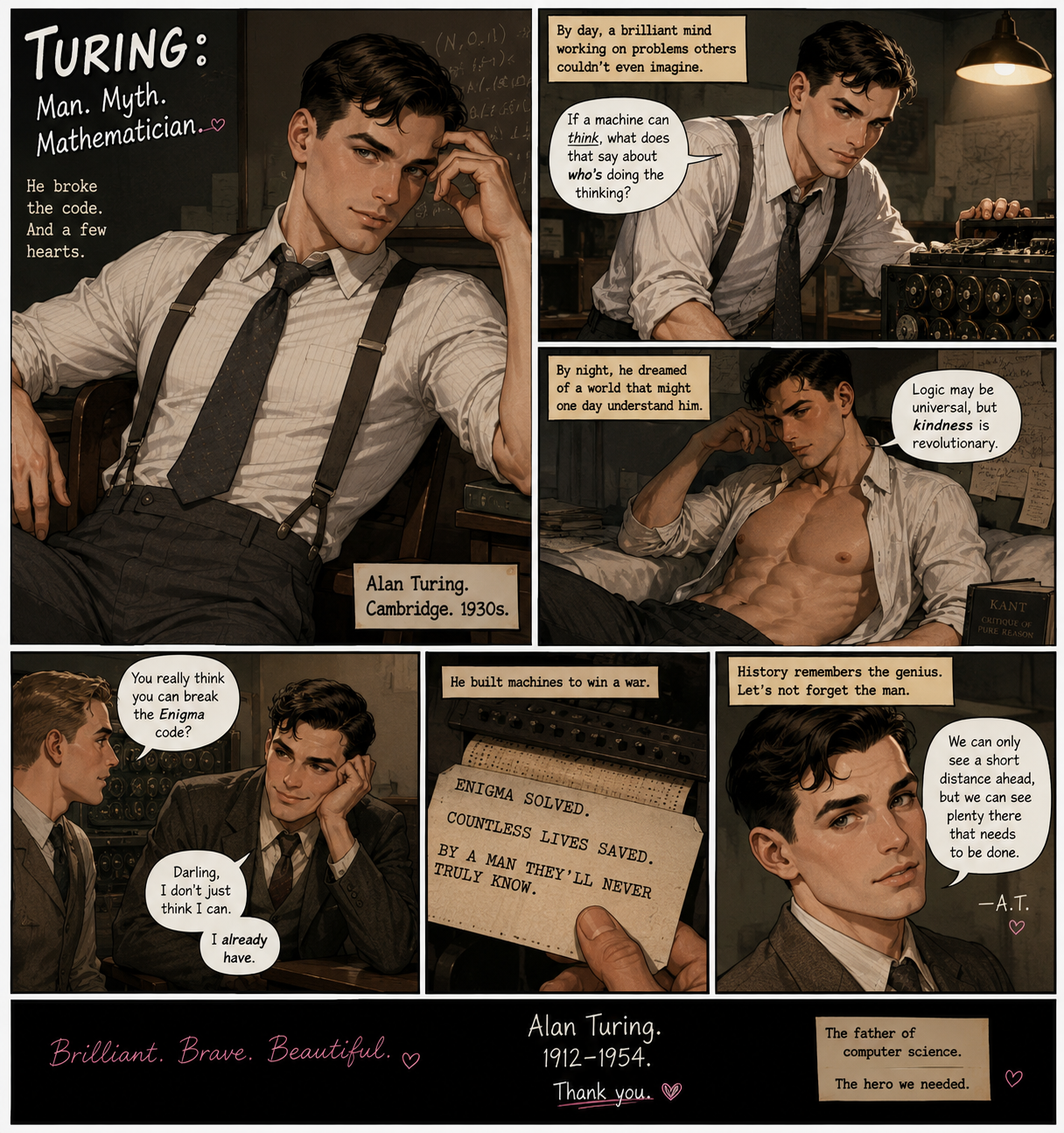 A sepia-toned comic about Alan Turing, showing him at Cambridge, working with an Enigma machine, flirting with another man, and reflecting on his legacy.