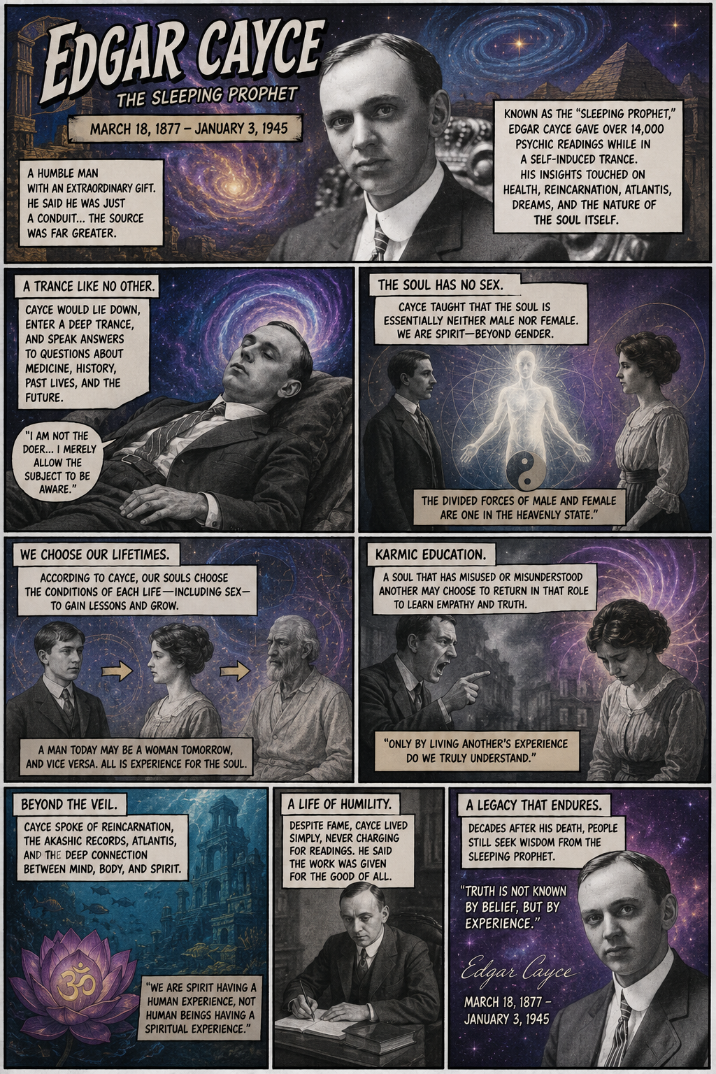 A cosmic black-and-white comic about Edgar Cayce, showing his trance readings and teachings about reincarnation, gender, karma, Atlantis, humility, and spiritual experience.