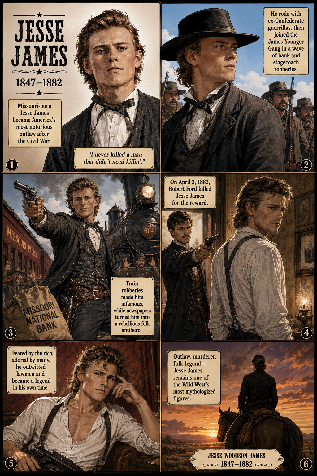 A sepia Western comic about Jesse James, depicting his Confederate guerrilla background, the James-Younger Gang, train robbery, his murder by Robert Ford, and his transformation into a folk legend.