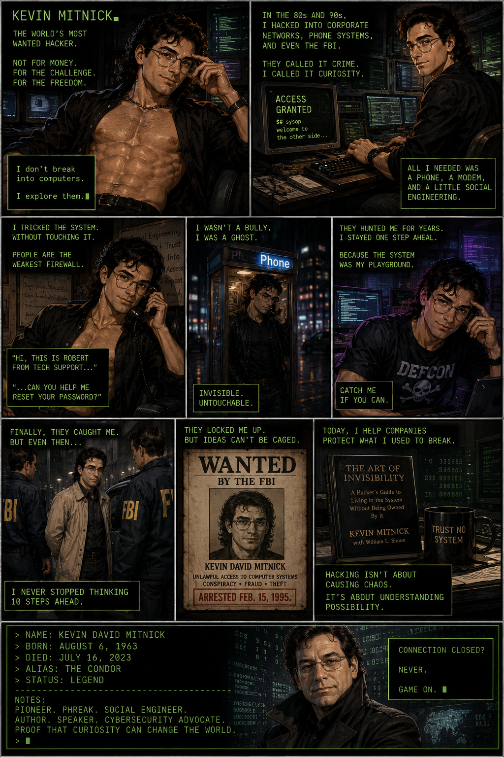 A dark terminal-green comic about hacker and security consultant Kevin Mitnick, showing social engineering, pursuit by the FBI, his arrest, and later cybersecurity work.