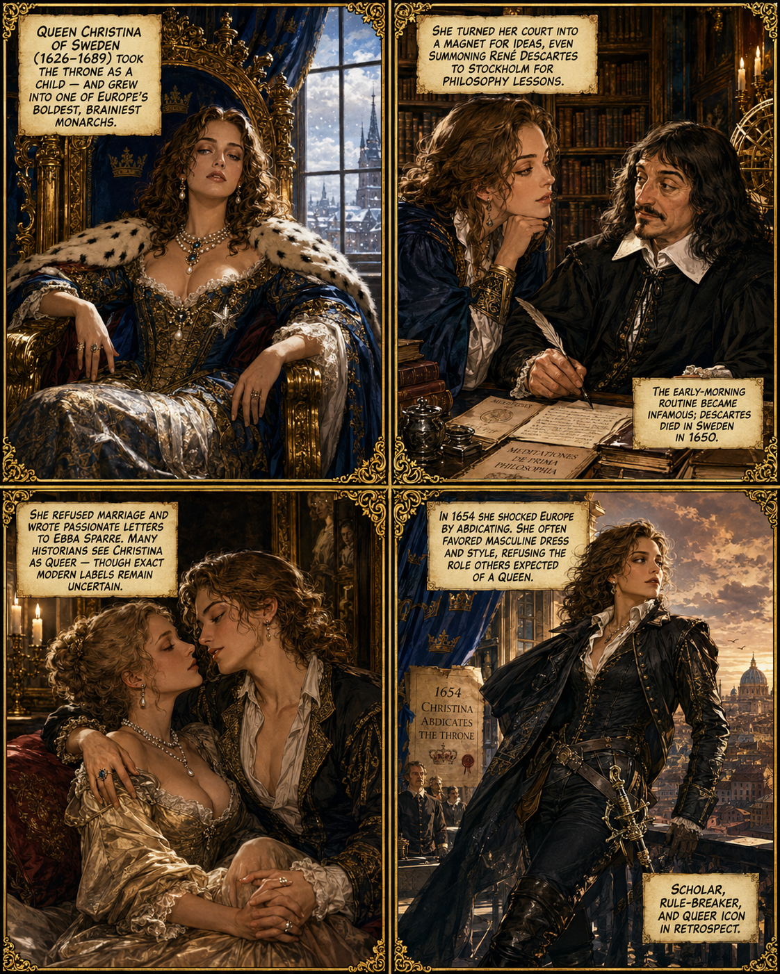 A black-and-gold comic about Queen Christina of Sweden, showing her on the throne, studying with René Descartes, embracing Ebba Sparre, and adopting masculine dress after her abdication.