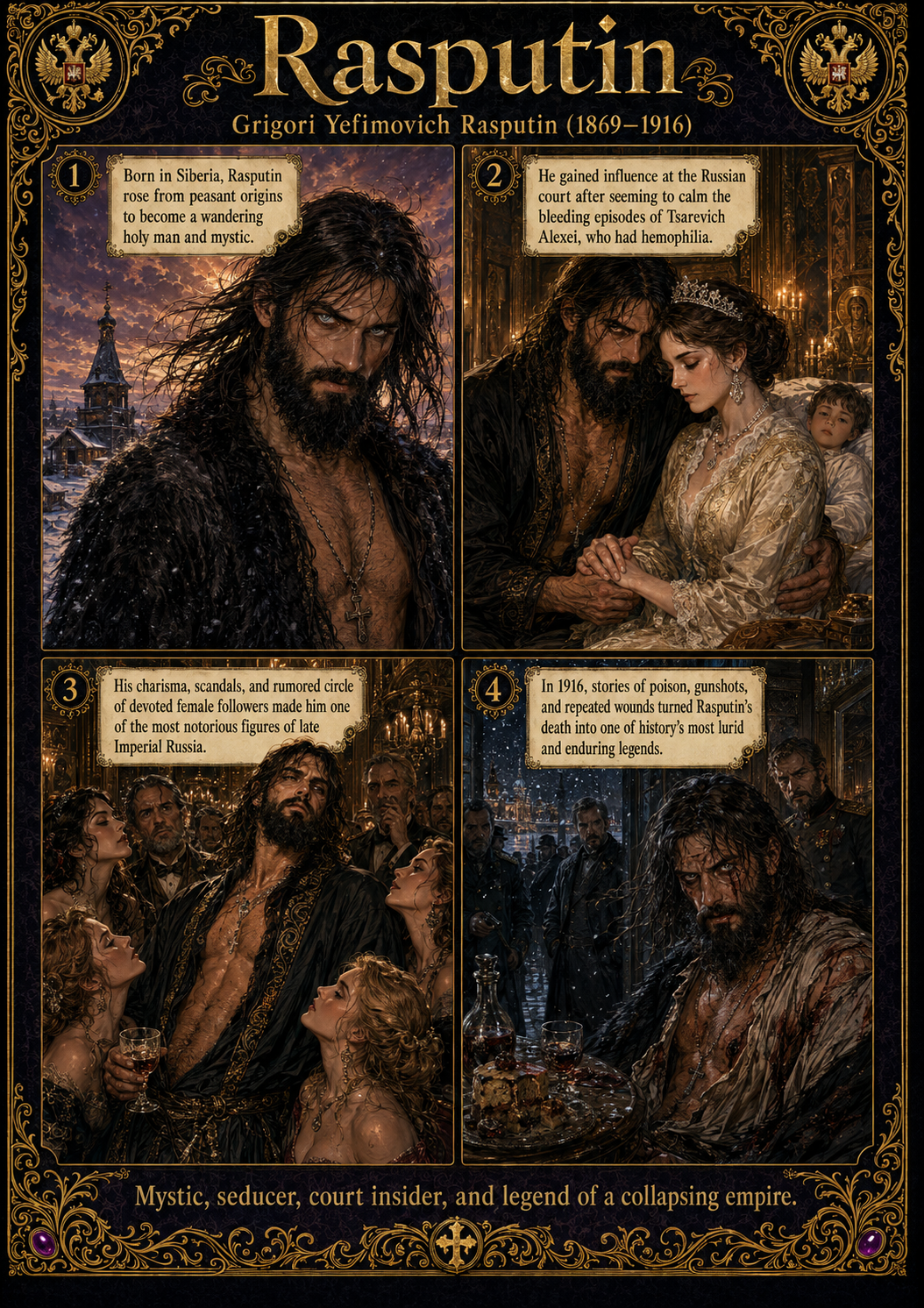 An ornate black-and-gold comic about Grigori Rasputin, depicting his Siberian origins, relationship with the imperial family, scandalous reputation, and legendary murder.