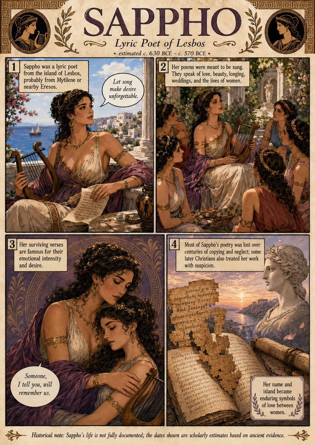 A parchment-style comic about Sappho, showing her with a lyre on Lesbos, singing among women, embracing a woman, and the surviving fragments of her poetry.
